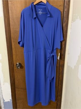 Nine West 3X Dolman Faux Wrap Dress with Side Tie Blue NEW